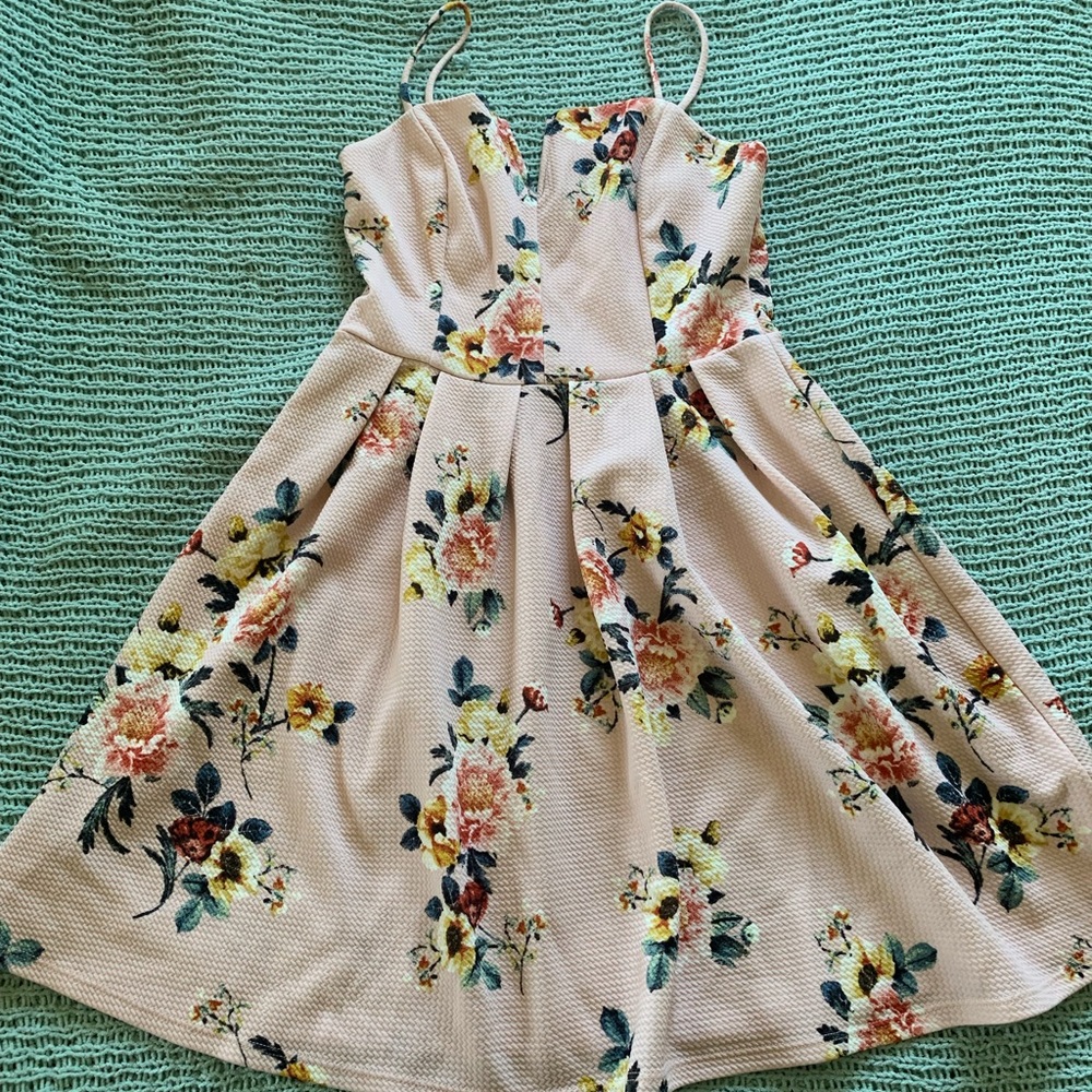 Pink, babydoll styled, floral dress.